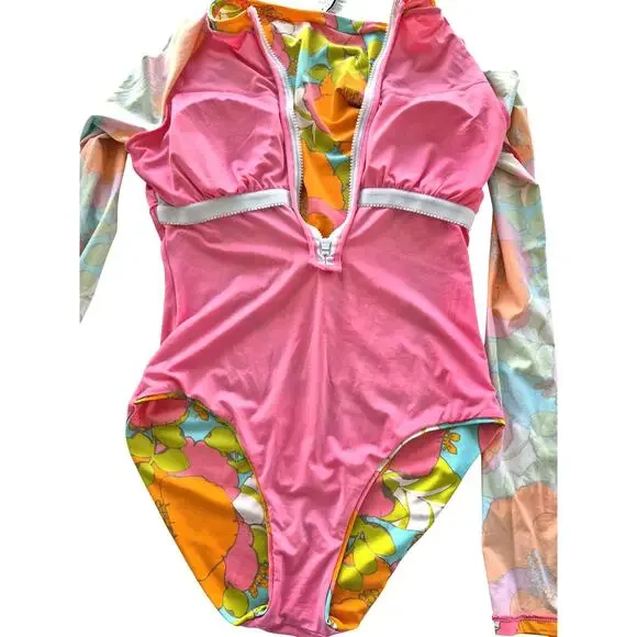 Trina Turk Womens Long Sleeve Sz M Swimsuit Paddle Suit Rashguard Playa Del Flor - Picture 8 of 9